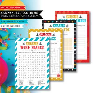 Thème Carnaval 'Circus Clown' *Cartes de jeu de fête d’anniversaire imprimables* Jeux de cirque / Coloriage / Fête pour enfants / Jeu de mots / TÉLÉCHARGEMENT INSTANTANÉ