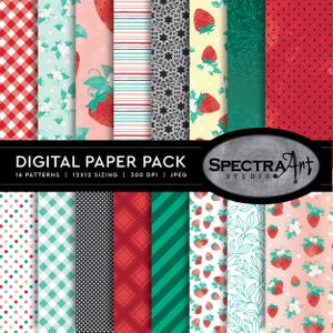 Erdbeere Digital Paper Pack | Printable Picknick Scrapbook Papier | JPG 12X12 Muster | Clip-Kunst Bauernmarkt Thema | SOFORTIGER DOWNLOAD