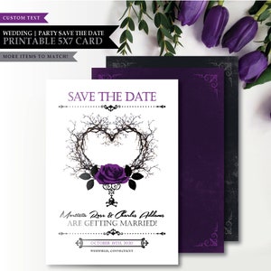 Skull 'Thorn Heart' Theme *Printable Wedding Save The Date* Purple Rose / Gothic / Vampire / Halloween Theme / Skeleton / Romantic / Skull