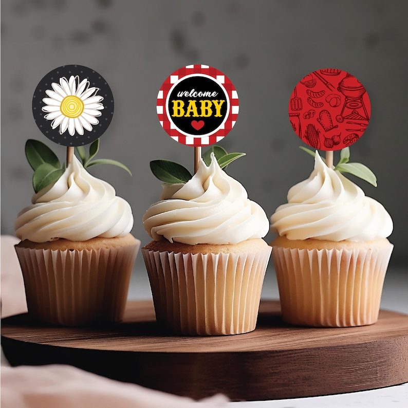 Adornos para cupcakes de barbacoa Baby-Q / Decoraciones imprimibles para fiestas de barbacoa en el jardín / Tema de picnic de cuadros rojos: DESCARGA INSTANTÁNEA imagen 2