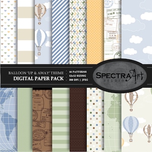 Heißluftballon *Up & Away* Thema Digital Paper Pack | Druckbares Scrapbook Papier | JPG 12X12 Muster | Reisen Clip Art | SOFORTIGER DOWNLOAD