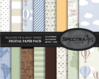Pode incluir: Um pacote de papel digital com 16 padrões que incluem balões de ar quente, nuvens, listras, bolinhas e selos de viagem. O pacote é intitulado "Balloon 'Up & Away' Theme" e é do SpectraArt Studio.