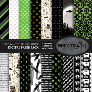 Sci-Fi *Want To Believe* Theme Digital Paper Pack | Printable Scrapbook Paper | JPG 12X12 Pattern | Alien Clip Art | Science Fiction TV