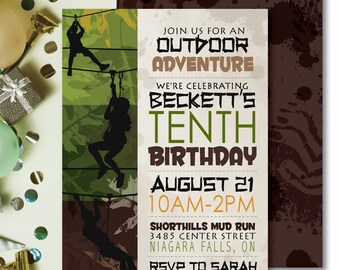 May include: A green and brown invitation with a silhouette of people ziplining. The invitation is for Beckett's tenth birthday party. The party is an outdoor adventure at Shorhills Mud Run on August 21st from 10am to 2pm. RSVP to Sarah by June 15th.