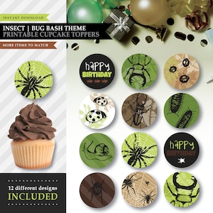 Könnte beinhalten: Zwölf druckbare Cupcake-Topper mit Insekten-Motiv. Die Topper zeigen eine Spinne, einen Marienkäfer, eine Schnecke, einen Käfer und eine Glückwunsch zum Geburtstag-Botschaft.
