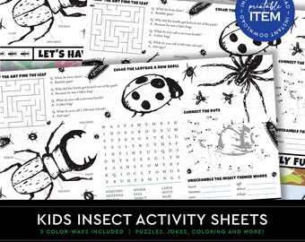Insect Kids Coloring & Activity Sheet | Printable Creepy Crawler Games and Puzzles | Party Favor Gifts | Bug Bash Theme: INSTANT DOWNLOAD