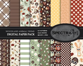 Woodland Animal Digital Paper Pack | Printable Owl Scrapbook Paper | 12X12 JPEG Patterns | Forest Creature Theme: INSTANT DOWNLOAD