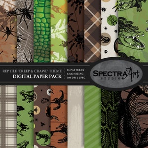 May include: A digital paper pack with 16 patterns featuring reptiles, insects, and other creepy crawlies. The patterns are in shades of green, brown, and black. The text "REPTILE 'CREEP & CRAWL' THEME" and "DIGITAL PAPER PACK" is displayed on the image.
