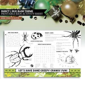 Könnte beinhalten: Ein druckbares Aktivitätsblatt für Kinder zum Thema Insekten. Das Blatt enthält ein Labyrinth, ein Suchspiel, ein Punkte verbinden Spiel und eine Malvorlage. Das Blatt zeigt verschiedene Insekten, darunter Käfer, Spinnen und Ameisen. Der Text auf dem Blatt lautet "Lasst uns Spaß mit Krabbeltieren haben!"