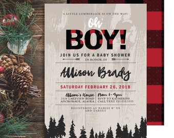 Lumberjack 'Red Plaid' Theme *Printable Baby Shower Invitation* Baby Boy / Little Lumberjack / Camping Outdoors / Gender Reveal / Custom