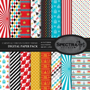 Carnival *Circus Clown* Theme Digital Paper Pack | Printable Scrapbook Paper | JPG 12X12 Pattern | Kids Clip Art | Cute | INSTANT DOWNLOAD