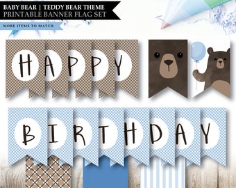 May include: Printable banner flag set for a baby bear themed birthday party. The banner says "Happy Birthday" with brown and blue flags featuring a teddy bear and checkered patterns.