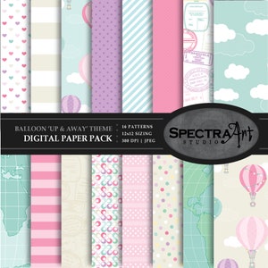 Heißluftballon *Up & Away* Thema Digital Paper Pack | Druckbares Scrapbook Papier | JPG 12X12 Muster | Reisen Clip Art | SOFORTIGER DOWNLOAD