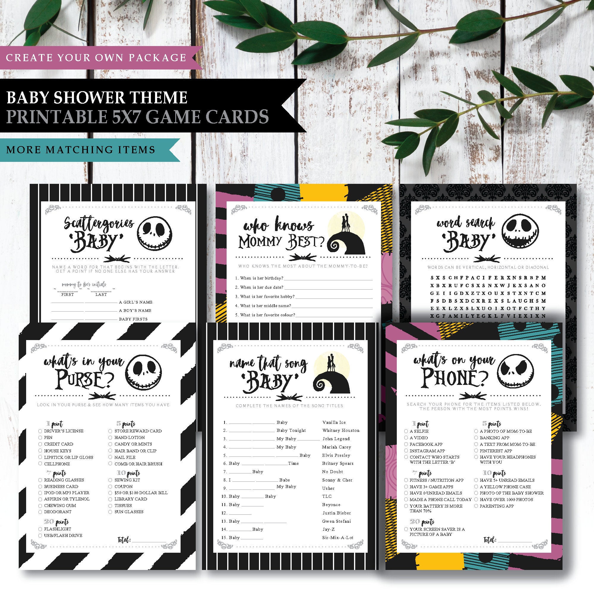 Nightmare Before Christmas Baby Shower Games, Jack Shellington, Sally, 34  Printable Games, 3 Editable 8x 10 Signs, Instant Download 