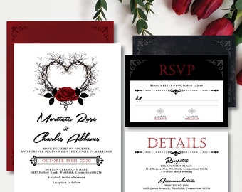 Romantic 'Thorn Heart' Theme *Printable Wedding Invitation* Vampire Wedding / Gothic Red Rose / Valentines Wedding / Save The Date / Skull