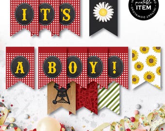 Baby-Q It's A Boy Banner Flags | Printable BBQ Party Decorations | Boy Baby Shower Decor | Red Gingham Picnic Theme: INSTANT DOWNLOAD