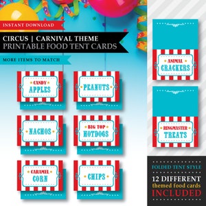 Thème du carnaval « Clown de cirque » * Cartes imprimables de tente de nourriture pliée * Cartes de buffet / Étiquettes de collation / Nourriture de carnaval / vintage / TÉLÉCHARGEMENT IMMÉDIAT