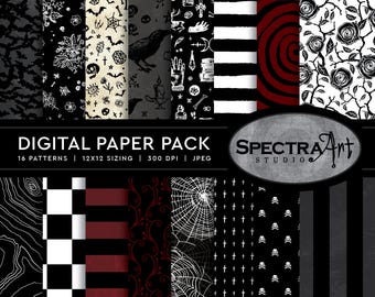 Goth Girl Red Digital Paper Pack | Printable Witchcraft Scrapbook Paper | JPG 12X12 Pattern | Halloween Skull Theme: READY-MADE