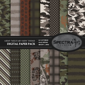 Pack de papier numérique sur le thème de l'armée *Militaires* | Papier de scrapbooking imprimable | JPG 12 X 12 Motif | Clipart | Vert camouflage | Soldat en plein air