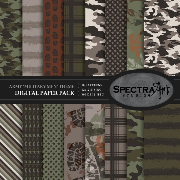 Ejército *Hombres militares* Tema / Fiesta del Ejército Imprimible / Paquete de papel de álbum de recortes digital / Patrón Jpg 12X12 / Clip Art / Camuflaje verde / Soldado