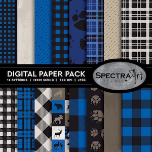 Blaues Flanell Holzfäller Digital Paper Pack | Druckbares Outdoor Camping Scrapbook Papier | JPEG 12X12 Muster | Clip-Art-Set | FERTIG