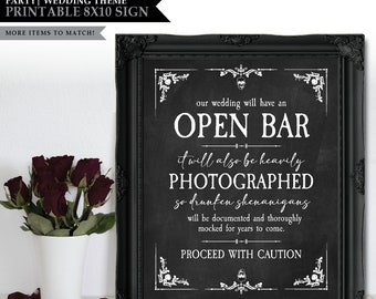 Skeleton *Blackboard Rose* Theme / Printable Open Bar Sign / Wedding Bar / Drunken Shananigans / Gothic Halloween / Skull / INSTANT DOWNLOAD