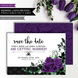 Rose 'Skeleton Rose' Theme *Druckbare Hochzeit Save The Date* digitale Karte / Gothic Hochzeit / Vampir / Schädel / Lila / Till Death Part Us