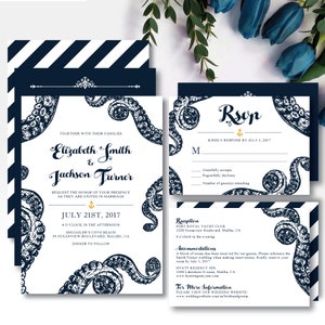 Nautical &#39;Octopus Love&#39; Theme *Printable Wedding Invitation* Octopus Invitation / Kraken / Ocean Sail / Sea Creature / Navy / Save The Date