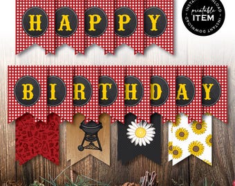 BBQ Birthday Banner Flags | Printable Backyard Barbecue Party Decorations | Red Gingham Picnic Theme: INSTANT DOWNLOAD