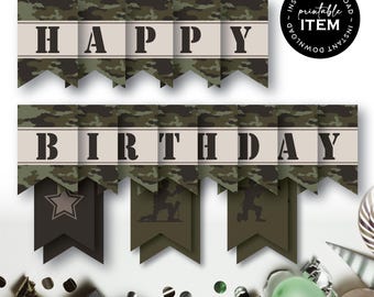 Army Happy Birthday Banner Flags | Printable Military Party Decorations | Kids Party Sign | Green Camouflage Theme: INSTANT DOWNLOAD