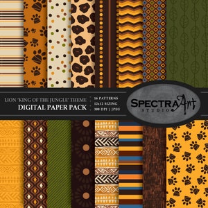 Pack de papier numérique sur le thème du Lion *Roi de la jungle* | Papier de scrapbooking imprimable | JPG 12 X 12 Motif | Clipart | Animal africain | TÉLÉCHARGEMENT IMMÉDIAT