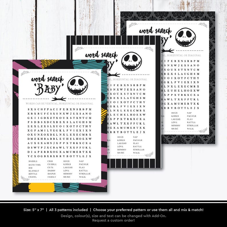 Nightmare *Skellington Love* Printable Baby Shower Game Card | Baby Word Search | Crossword Word Puzzle | Fun Party Game | INSTANT DOWNLOAD image 2