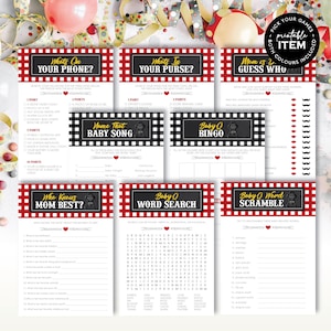 Baby-Q Cartes de jeu pour baby shower | Recherche de mots et brouillage barbecue imprimables | connaît mieux sa mère | Bingo au barbecue | Thème Vichy rouge : TÉLÉCHARGEMENT IMMÉDIAT image 1