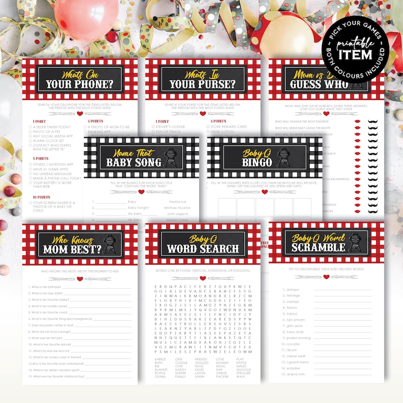 Baby-Q Cartes de jeu pour baby shower | Recherche de mots et brouillage barbecue imprimables | connaît mieux sa mère | Bingo au barbecue | Thème Vichy rouge : TÉLÉCHARGEMENT IMMÉDIAT image 1