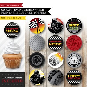 ゴーカート「屋内レース」テーマ *印刷可能な誕生日カップケーキトッパー* スナックラベル / パーティーデコレーション / 記念品タグ / レーシングレッド / 即時ダウンロード