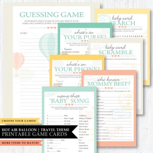 Thème de voyage en montgolfière 'Up & Away' *Carte de jeu imprimable pour baby shower* Jeux de mots / Chanson de nom / Connaît mieux maman / Jeu de téléphone portable / Sac à main