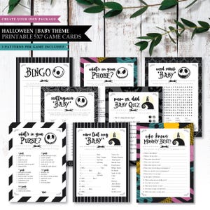 Nightmare *Skellington Love* Printable Baby Shower Game Card | Word Search | Knows Mom Best Trivia | Whats On Phone | Ice Breaker | Bingo