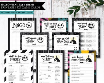 Nightmare *Skellington Love* Printable Baby Shower Game Card | Word Search | Knows Mom Best Trivia | Whats On Phone | Ice Breaker | Bingo