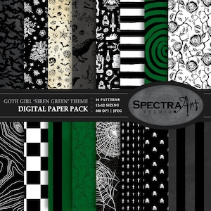 Goth Girl *Siren Green* Thema Digital Paper Pack | Druckbares Scrapbook Papier | JPG 12X12 Muster | Horror-Clip-Art | Totenkopf | Hexerei-Fledermaus