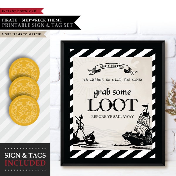 Pirate 'Ahoy Matey' Theme *Printable Party Favor Sign Set* Grab Loot / Favors Tags / Doubloon Coin / Pirates of Caribbean / INSTANT DOWNLOAD