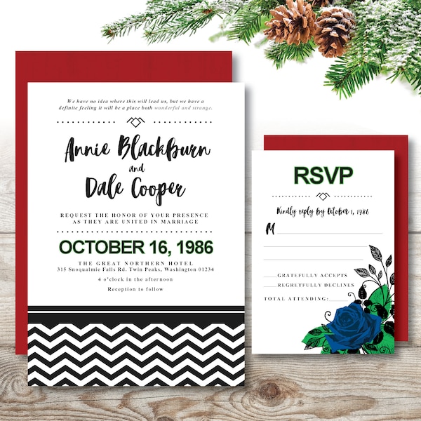 Blue Rose *Black Lodge* Theme / Printable Wedding Invitation / Digital Card / Birthday / Geek Wedding / Save The Date / Twin Mountain Peaks