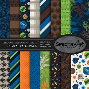 Pacote de papel digital com tema de dinossauro *Camuflagem azul* | Papel para scrapbook para impressão | Padrão JPG 12X12 | Clip Art para meninas | Fósseis de ossos de dinossauro