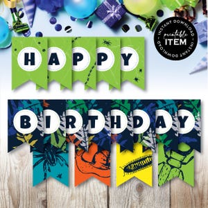 May include: A printable banner set featuring the text HAPPY BIRTHDAY on swallowtail flags. The top row is green with insect illustrations and white circles containing dark blue letters. The bottom row features dark blue leaf patterns and insects.