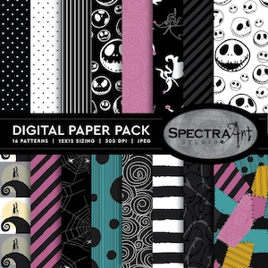 Könnte beinhalten: Ein digitales Papierpaket mit 16 Mustern, darunter Jack Skellington-Gesichter, der Geisterhund Zero, Spinnennetze, Streifen, Punkte, Wirbel und Patchwork-Designs in den Farben Schwarz, Weiß, Pink, Türkis und Gelb.