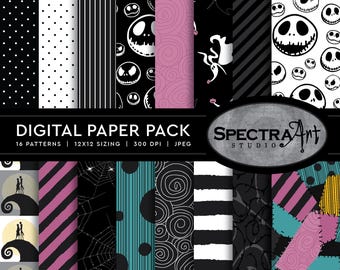 May include: A digital paper pack featuring 16 patterns with themes including Jack Skellington faces, Zero the ghost dog, spider webs, stripes, polka dots, swirls, and patchwork designs in black, white, pink, teal, and yellow color palettes.