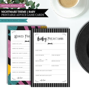 Tarjeta imprimible de deseos para bebé de Pesadilla *Amor de Skellington* / Mis predicciones / Nota para el recuerdo del bebé / Juego de consejos para padres / DESCARGA INSTANTÁNEA