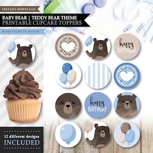 Bear &#39;Baby Blue Balloon&#39; Theme *Printable Birthday Cupcake Toppers* Boys Party / Baby Shower / Snack Label / Teddy Picnic / INSTANT DOWNLOAD