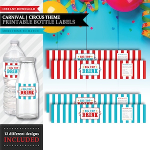 Carnival &#39;Circus Clown&#39; Theme *Printable Water Bottle Labels* Circus Drink Wrapper / Big Top / Bottle Label / Kids Party / INSTANT DOWNLOAD