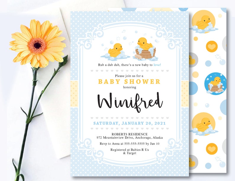 Duck Yellow Ducky Polka Dot Theme Printable Baby Shower Invitation Digital Invite Rubber Bath Toy Bubble Bath Time 1st
