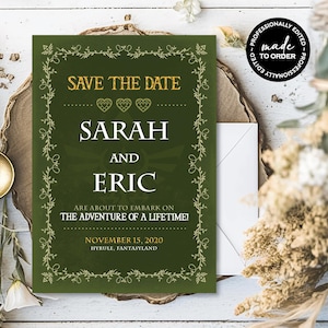 Fantasy *Triforce Green* Printable Hochzeit Save The Date | Digitales Evite | Markieren Sie Ihren Kalender | Videospiel-Party | Aussenseiter Prinzessin | INDIVIDUELL